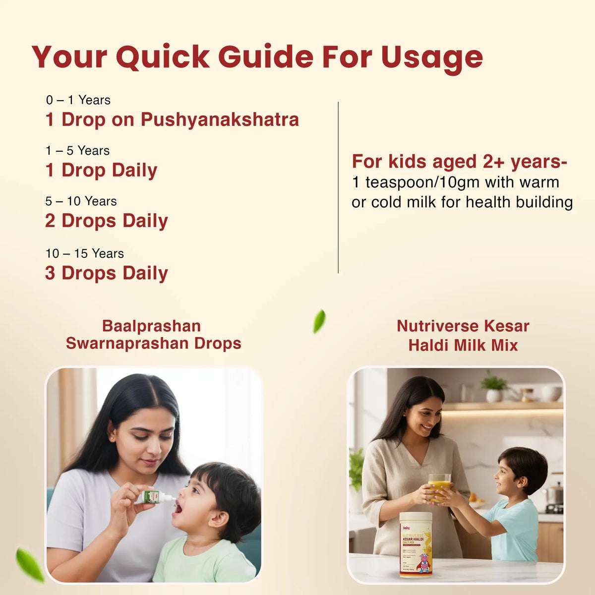 A quick guide for using the Natural Immunity Booster Combo. It provides dosage instructions for the Baalprashan drops based on age (0-1 years, 1-5 years, 5-10 years, 10-15 years) and instructions for the Nutriverse Kesar Haldi Milk Mix for kids aged 2+ years.