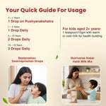 A quick guide for using the Natural Immunity Booster Combo. It provides dosage instructions for the Baalprashan drops based on age (0-1 years, 1-5 years, 5-10 years, 10-15 years) and instructions for the Nutriverse Kesar Haldi Milk Mix for kids aged 2+ years.