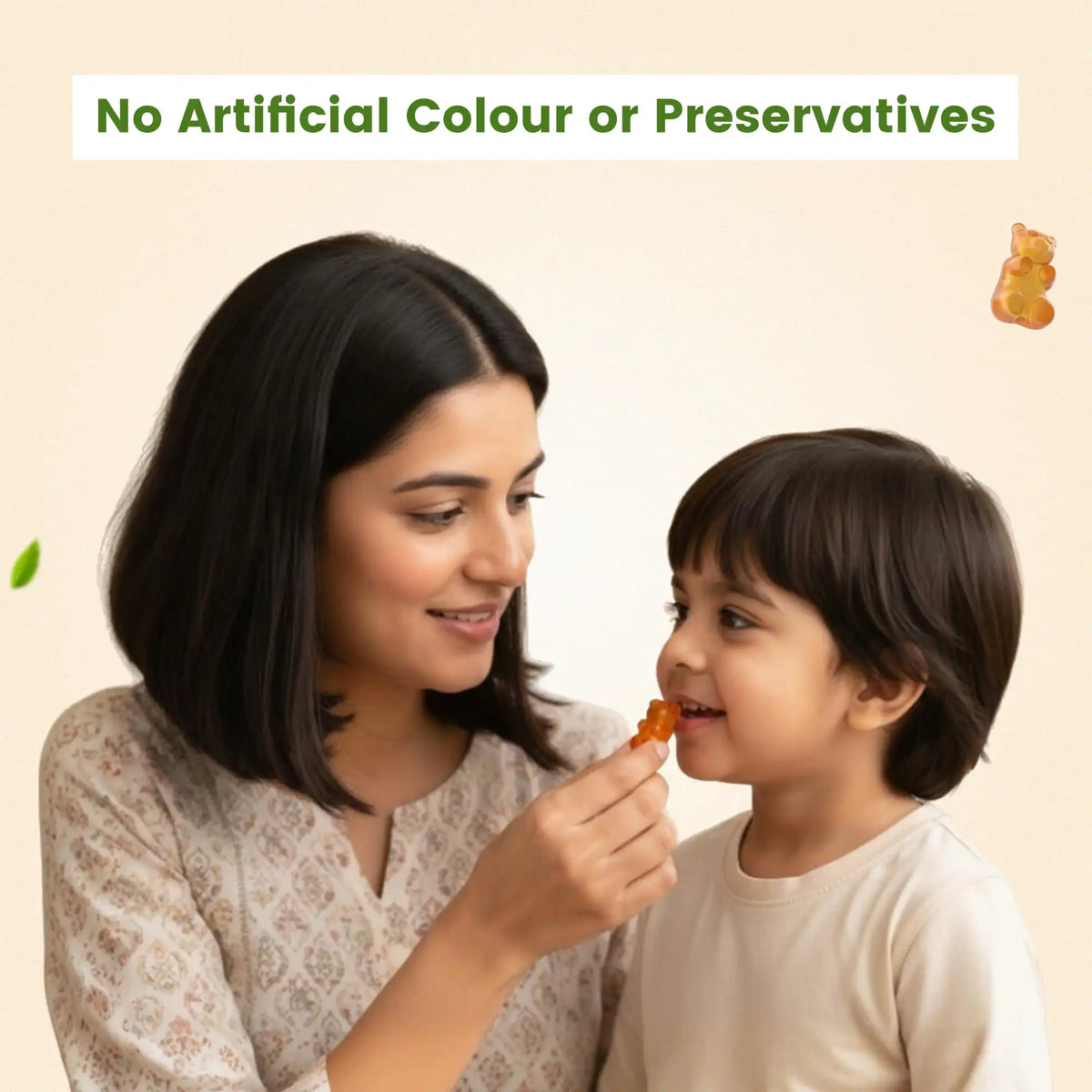 Mother giving a pineapple-flavored Nutriverse Immunity Gummy to her happy child, emphasizing the formula has no artificial colours or preservatives | #flavour_pineapple