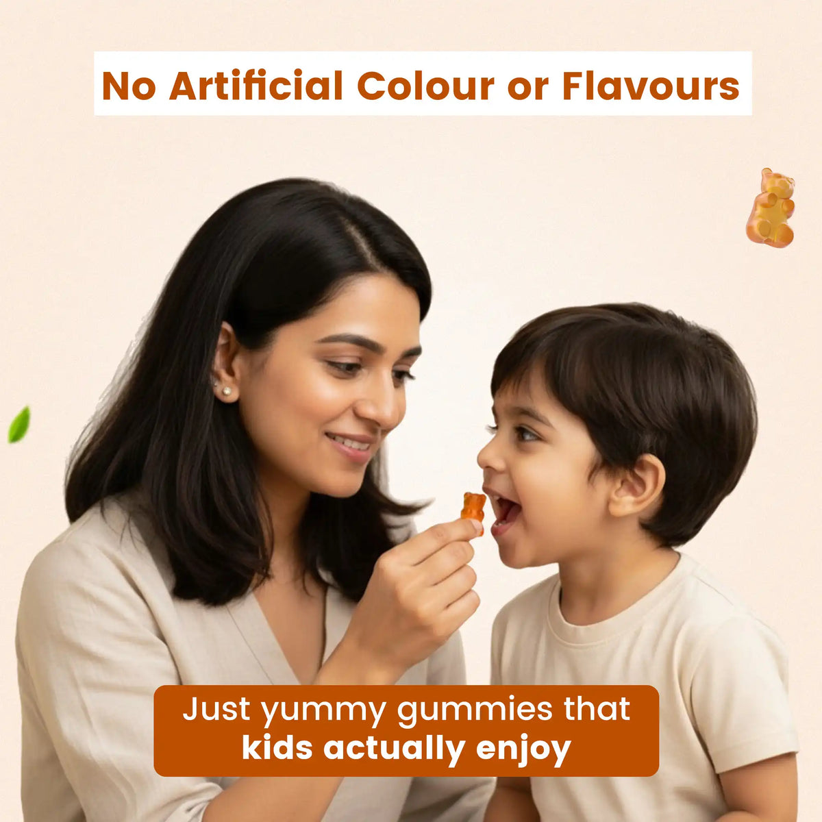 Mother feeding child a tasty gummy - No artificial colours or flavours formulation that kids enjoy | #flavour_honey