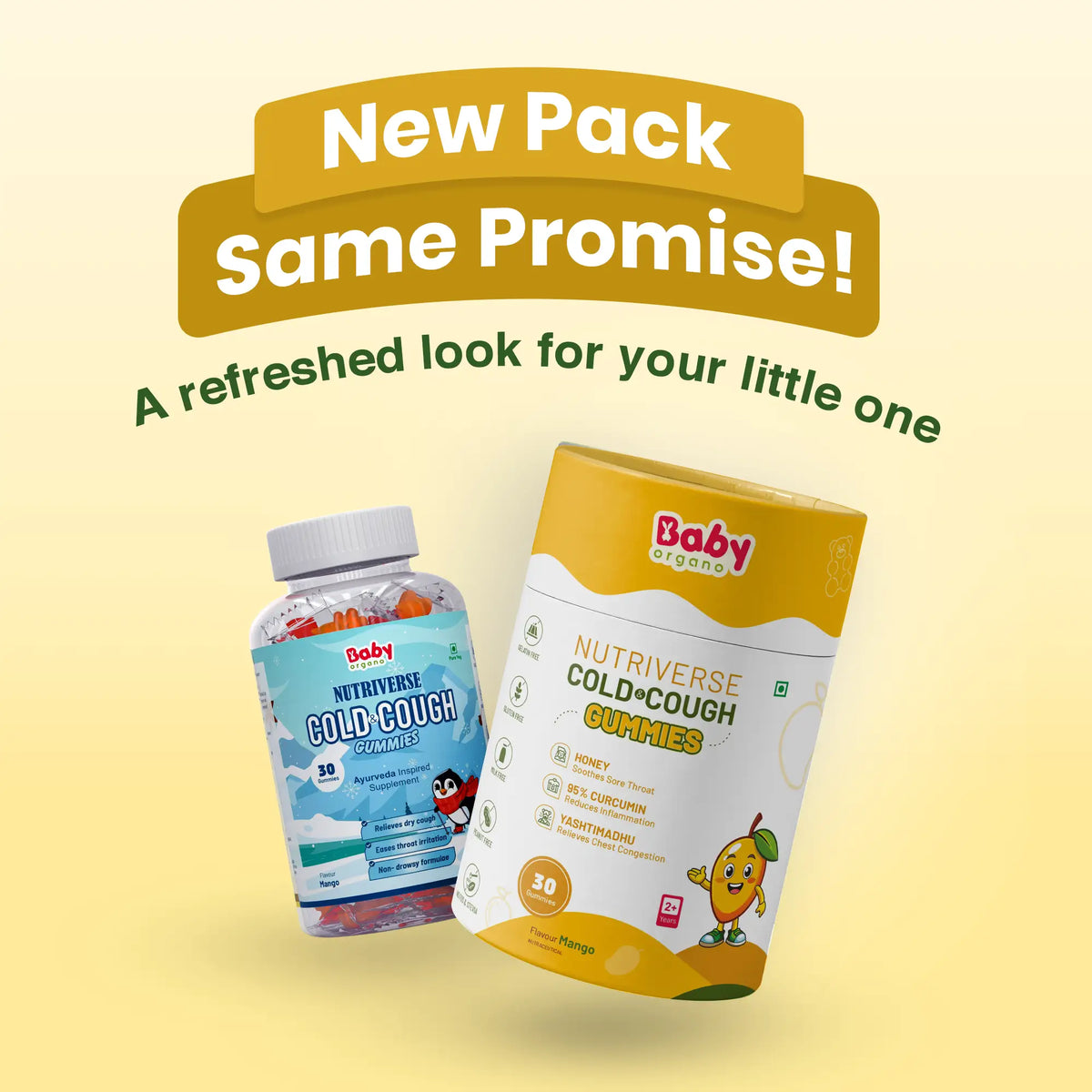 BabyOrgano Nutriverse Cold and Cough Gummies for kids in mango flavour – new pack design with same Ayurvedic promise.