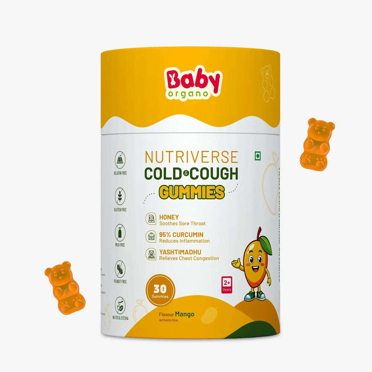 Nutriverse Cold and Cough Gummies – Ayurvedic mango-flavoured supplement for dry cough relief and throat irritation, non-drowsy formula