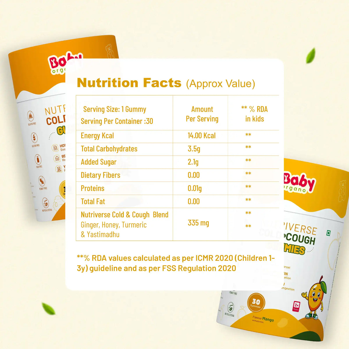 Nutritional facts table for Cold and Cough Gummies showing serving size, energy value, and herbal blend composition | #flavour_mango
