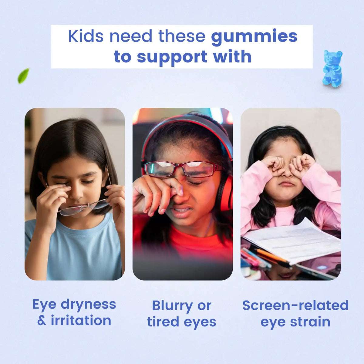 Three children experiencing eye dryness, blurry vision, and screen-related eye strain, highlighting the need for Nutriverse Eyecare Gummies.