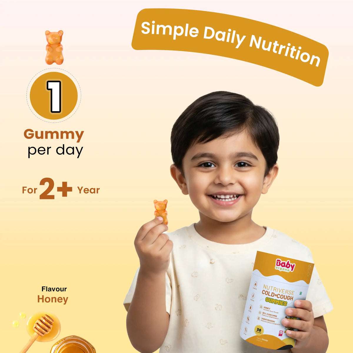 Simple daily nutrition – 1 honey flavour Nutriverse cold & cough gummy per day for kids 2+ years