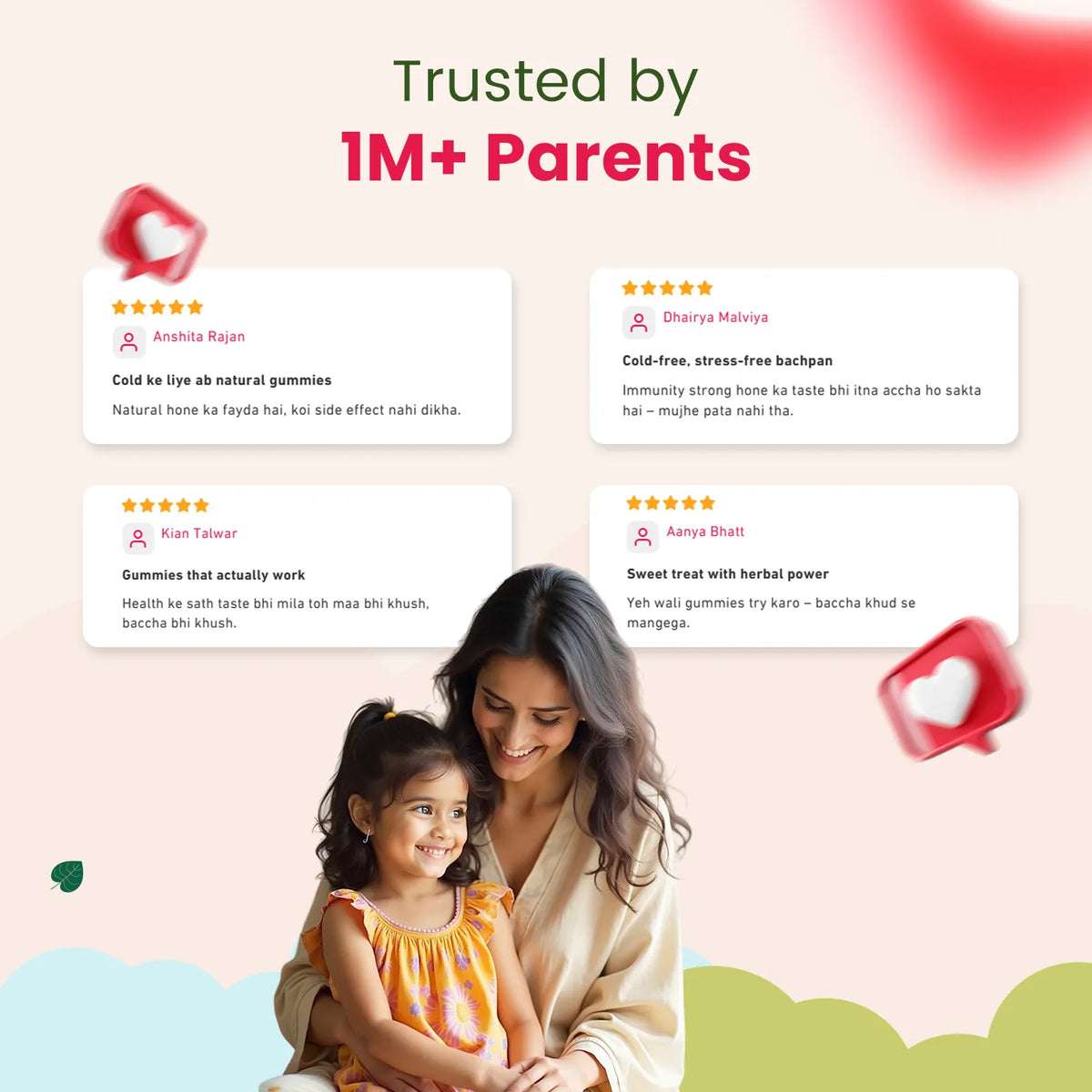 Testimonials for Nutriverse Immunity Gummies For Kids — Trusted by 1M+ parents including Anshita, Kian, Dhairya, and Aanya praising natural ingredients, effectiveness, taste, and immunity benefits.