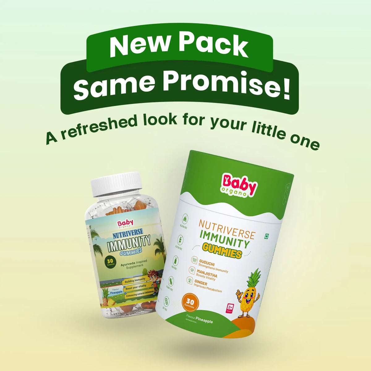 BabyOrgano Nutriverse Immunity Gummies for kids in pineapple flavour – new pack design with same Ayurvedic promise.