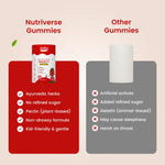 Comparison chart showing Nutriverse Immunity Gummies are made with Ayurvedic herbs, pectin (plant-based), and no refined sugar, unlike other gelatin-based gummies | #flavour_strawberry