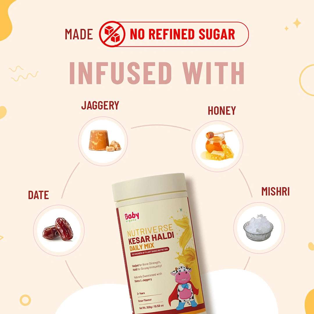 Nutriverse Kesar Haldi golden milk mix made with no refined sugar, infused with natural jaggery, honey, date, and mishri