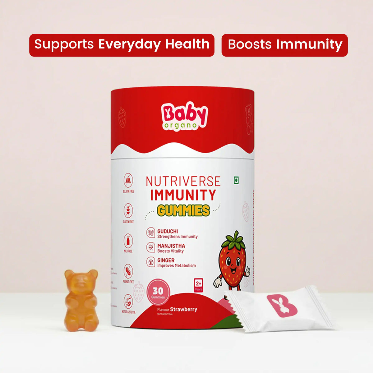 Strawberry flavour gluten-free and gelatin-free immunity gummies for children 2+ years| #flavour_strawberry