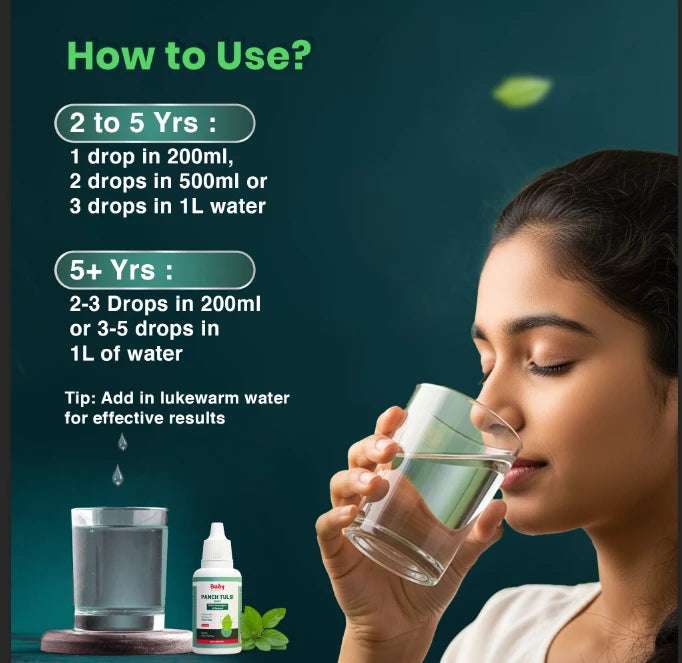 BabyOrgano Panch Tulsi Drops usage guide – safe dosage for kids 2+ years, 2 to 5 yrs: 1–3 drops, 5+ yrs: 2–5 drops in water
