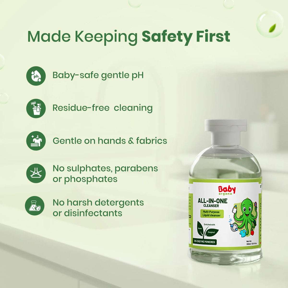 Residue-free baby liquid cleanser with gentle pH and no sulphates or parabens.