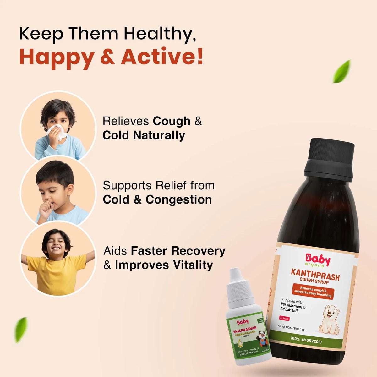 BabyOrgano Kanthprash and Baalprashan combo bottles featuring benefits like natural relief from cough and cold, faster recovery, and improved vitality for kids.
