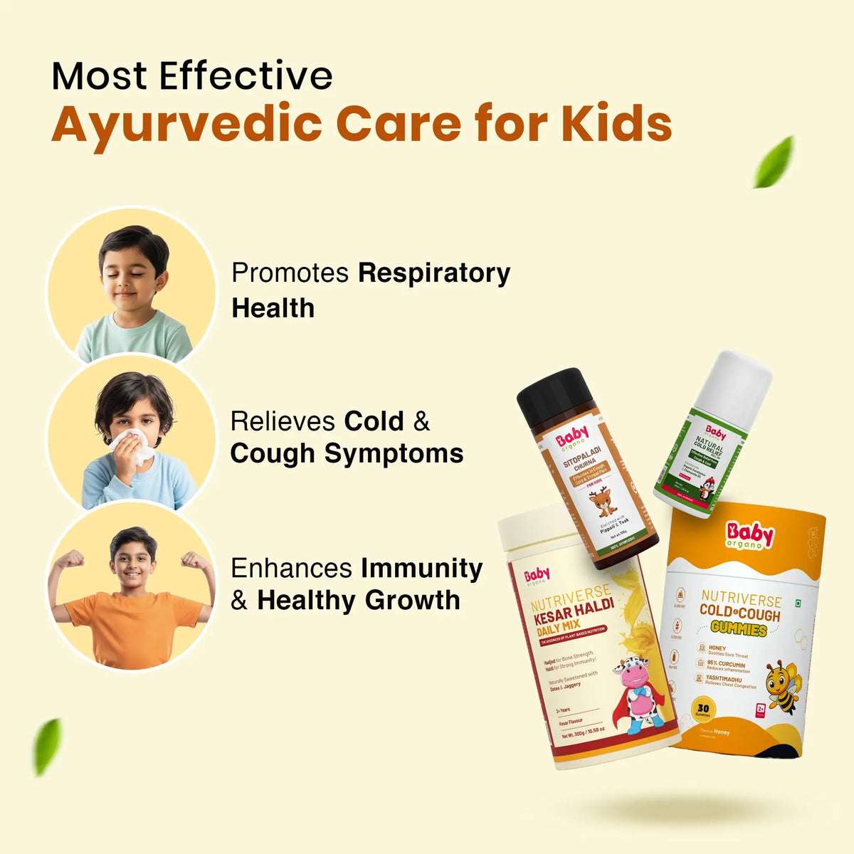 Cold Wellness Combo for Kids | Cold & Cough Gummies + Sitopaladi Churna + Cold Roll-On + Kesar Haldi Milk Mix