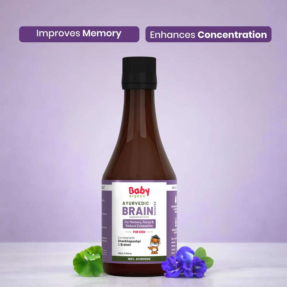 Shankhpushpi syrup for kids by BabyOrgano – Ayurvedic brain booster with Brahmi for focus, memory, and reduced exhaustion.