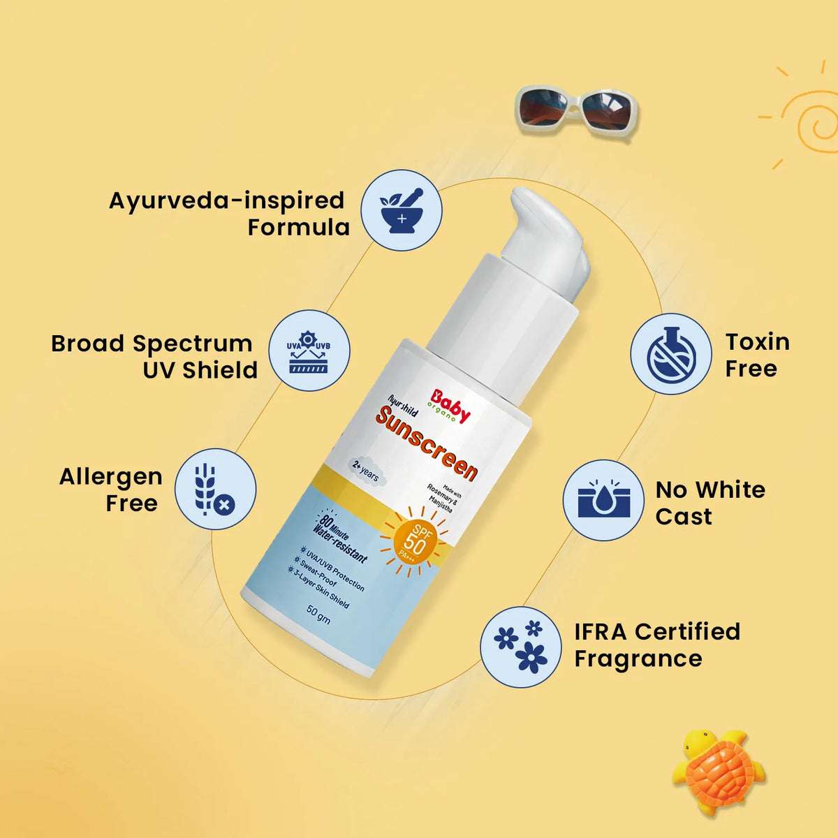 Ayurveda-inspired sunscreen for kids – broad UV shield, allergen-free, toxin-free, no white cast, IFRA Certified fragrance