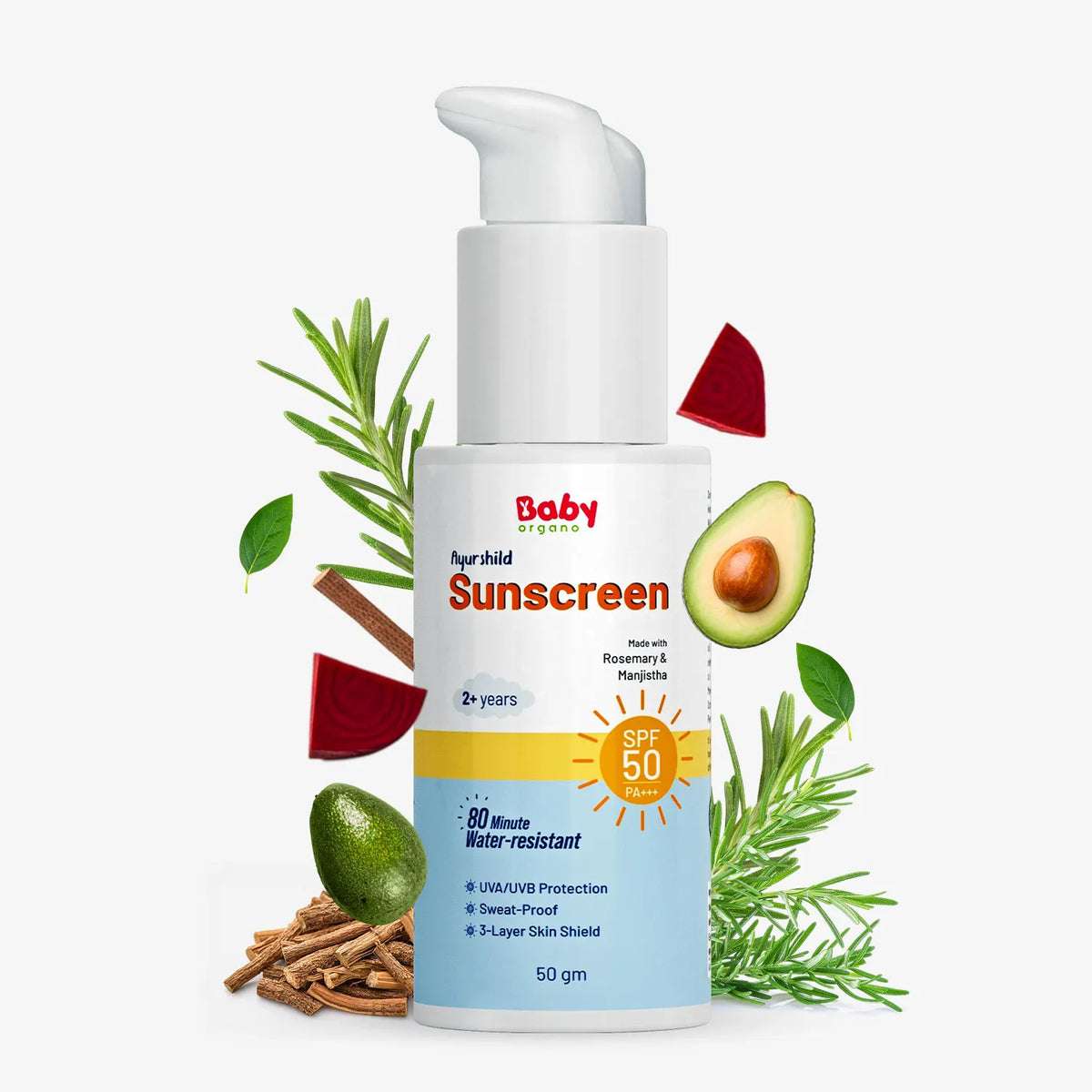 BabyOrgano Ayurshield Sunscreen SPF 50 – Ayurvedic sun protection for kids with rosemary, manjistha, UVA/UVB defense