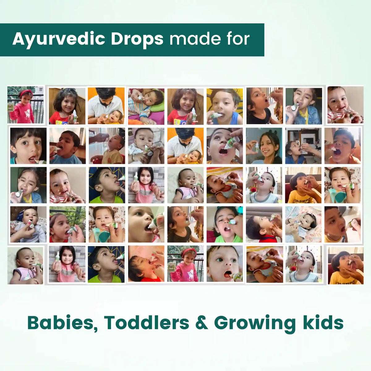 Collage of infants and toddlers safely using BabyOrgano Swarnaprashan Ayurvedic Tulsi drops for daily health.
