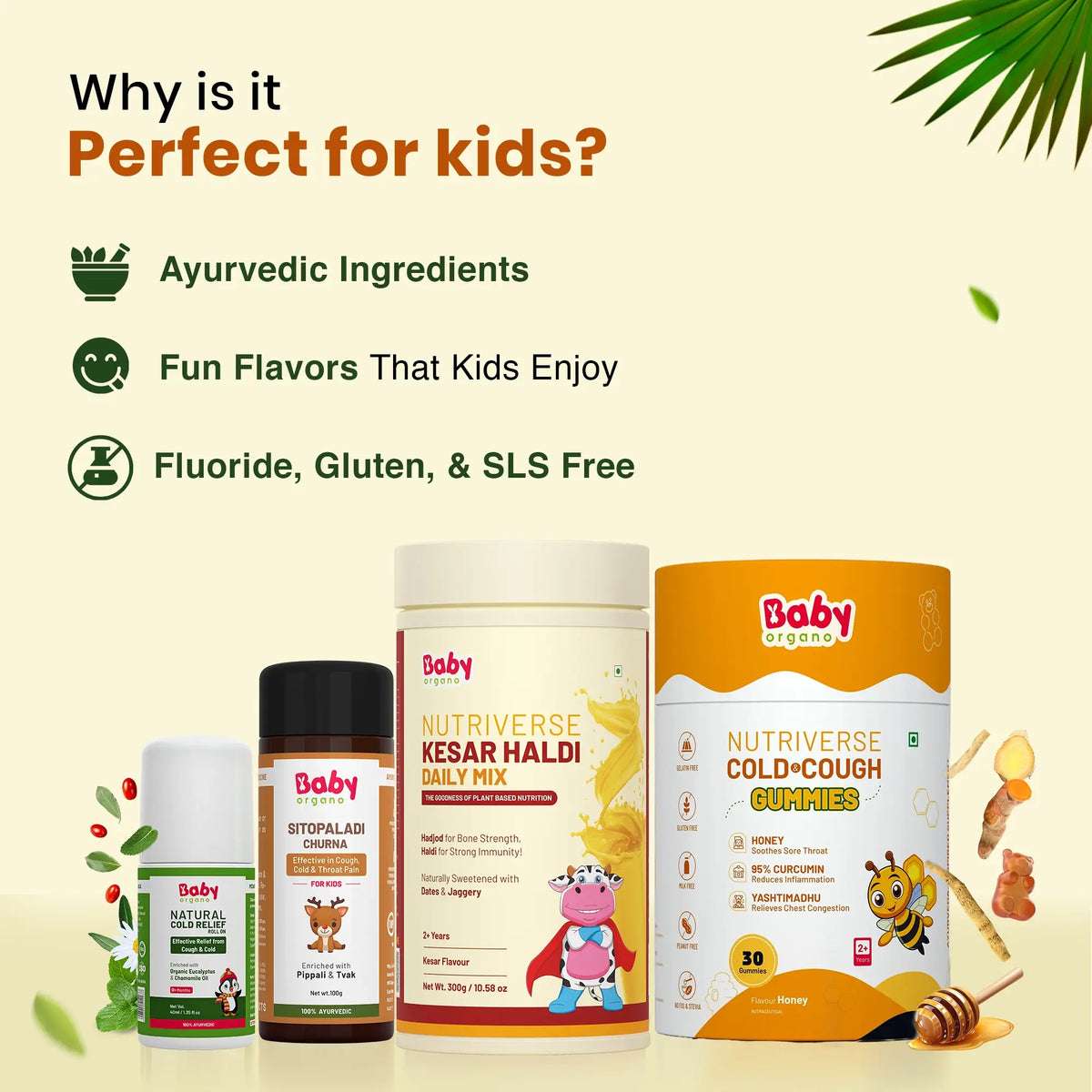Cold Wellness Combo for Kids | Cold & Cough Gummies + Sitopaladi Churna + Cold Roll-On + Kesar Haldi Milk Mix