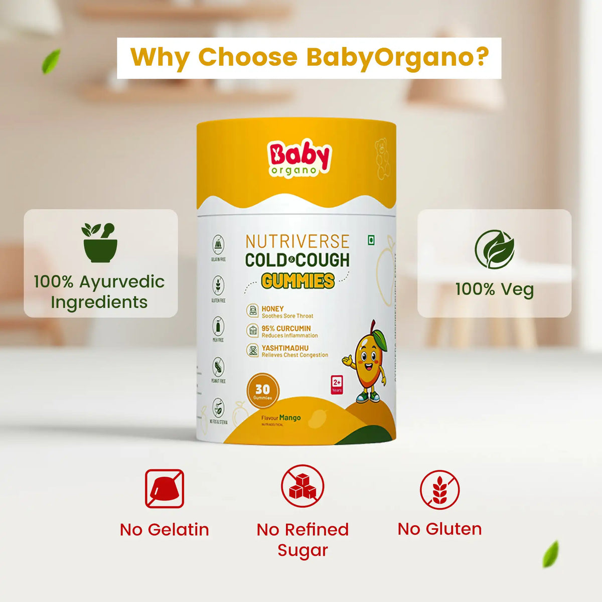 Why Choose Baby Organo infographic highlighting 100% Ayurvedic ingredients, 100% vegetarian, and safe formulation | #flavour_mango