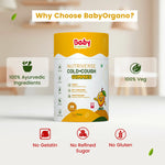 Why Choose Baby Organo infographic highlighting 100% Ayurvedic ingredients, 100% vegetarian, and safe formulation | #flavour_mango