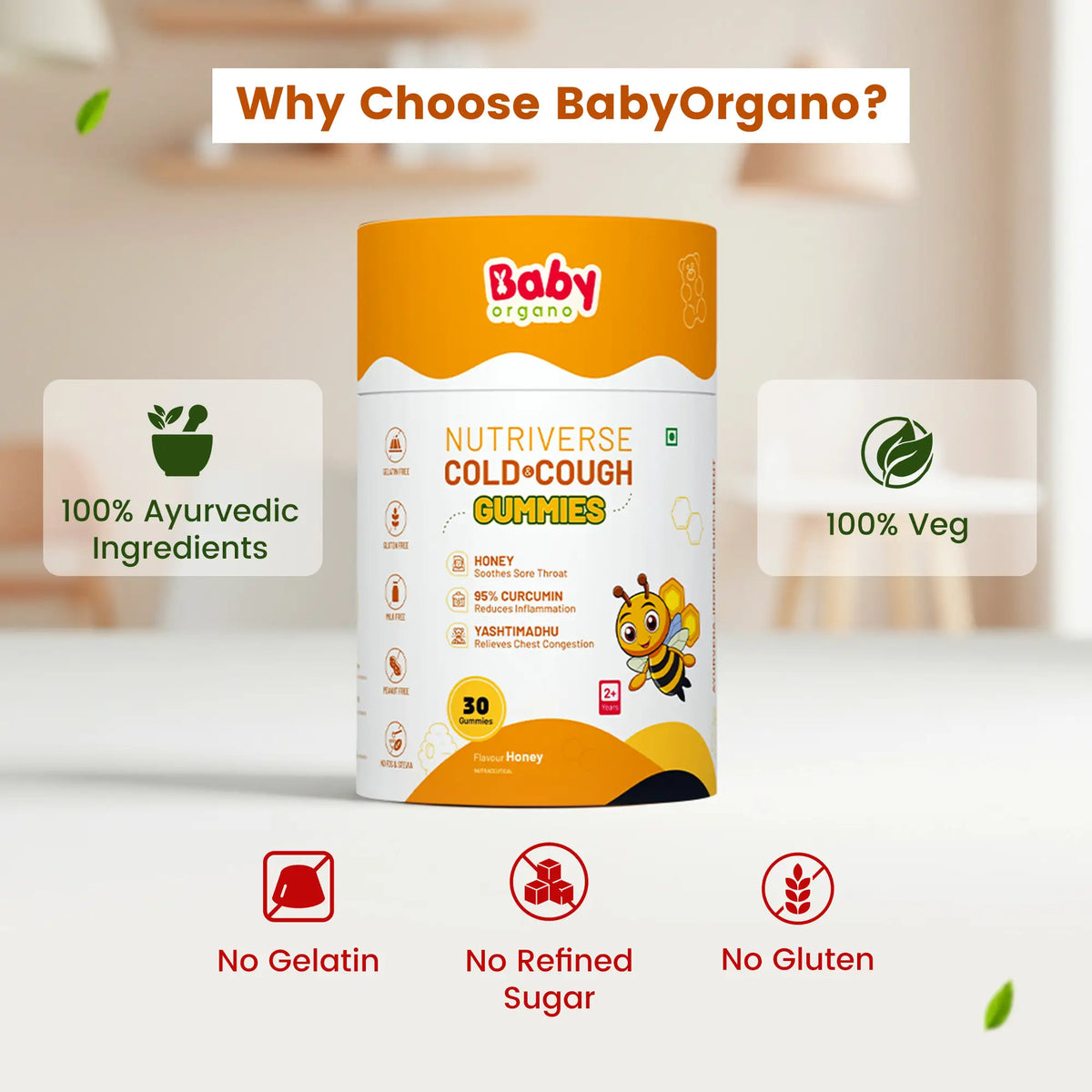 Why Choose Baby Organo infographic highlighting 100% Ayurvedic ingredients, 100% vegetarian, and safe formulation | #flavour_honey