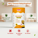 Why Choose Baby Organo infographic highlighting 100% Ayurvedic ingredients, 100% vegetarian, and safe formulation | #flavour_honey
