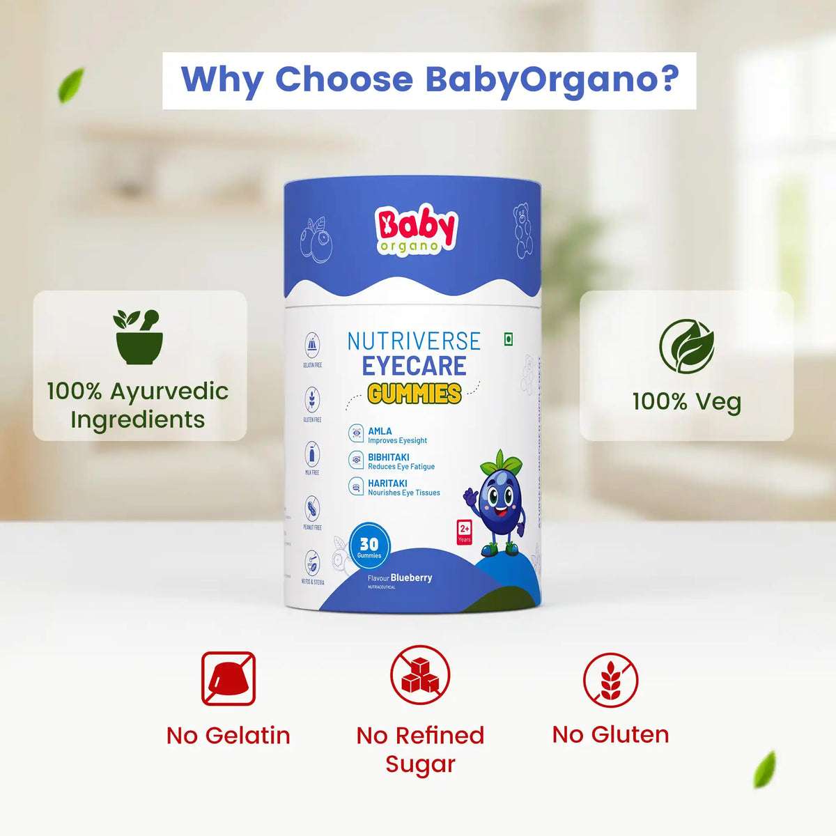 Bottle of BabyOrgano Nutriverse Eyecare Gummies displaying benefits: 100% Ayurvedic ingredients, vegan, gluten-free, no gelatin, and no refined sugar.