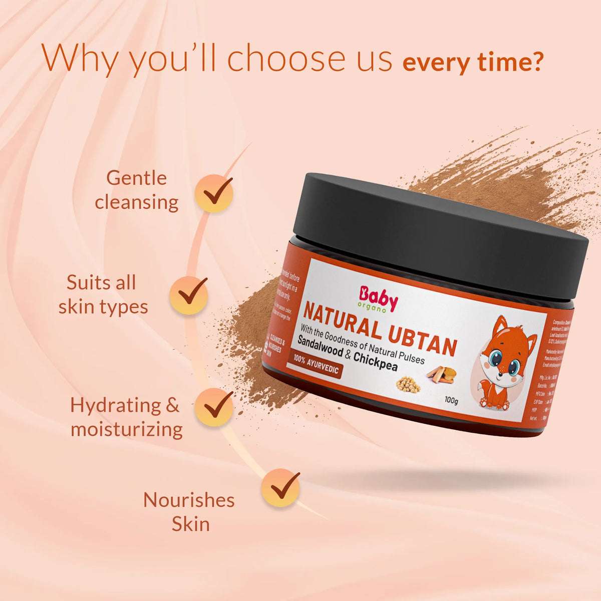 Why choose Natural Ubtan: gentle cleanser, suits all skin types, moisturizes, hydrates, and nourishes the skin