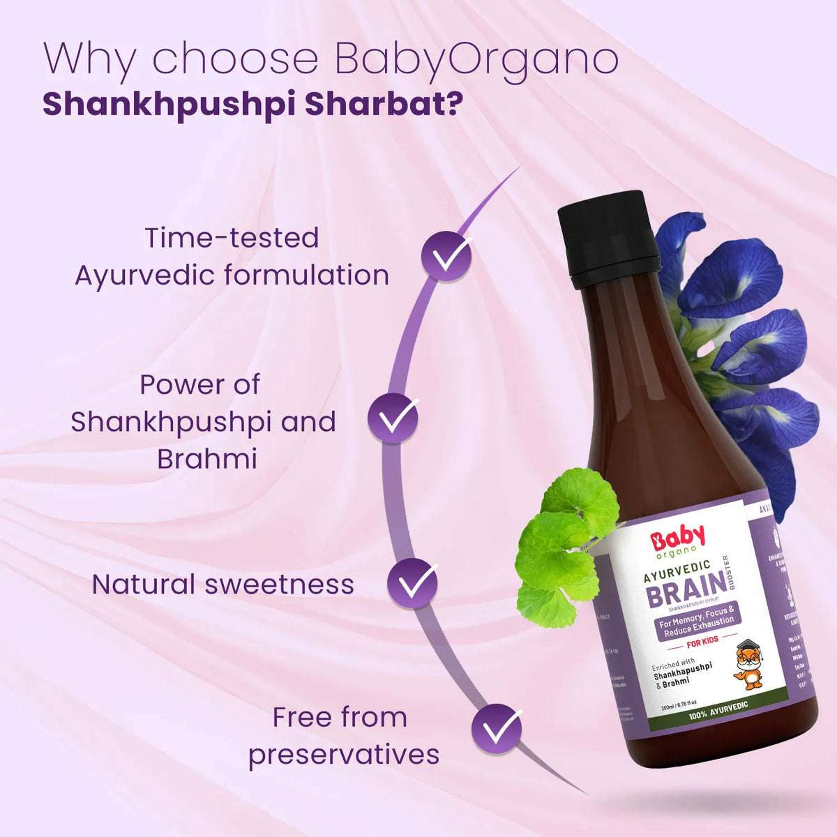 Why choose BabyOrgano Shankhpushpi syrup – Ayurvedic formula with Brahmi, no preservatives, naturally sweet for kids' brain health