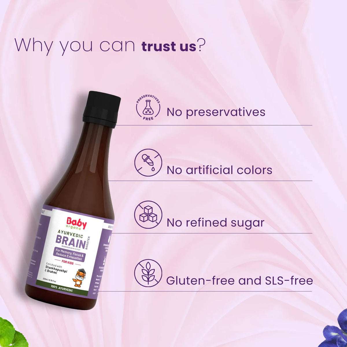 Trust BabyOrgano Shankhpushpi Syrup – no preservatives, refined sugar, artificial colors, gluten, or SLS; safe for daily use