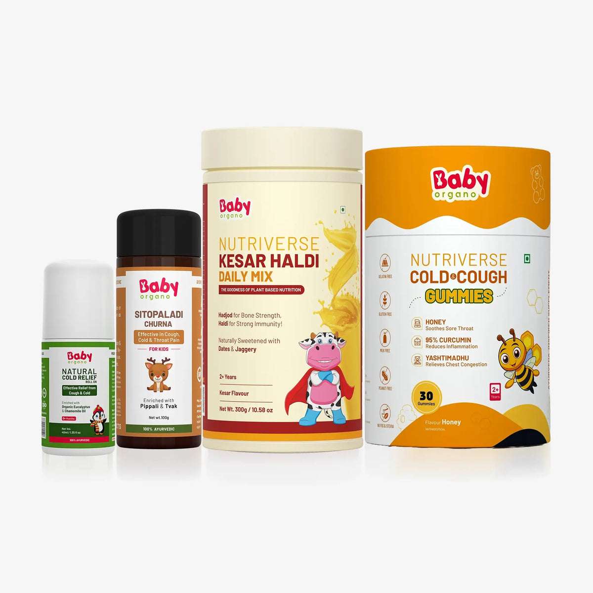 Cold Wellness Combo for Kids | Cold & Cough Gummies + Sitopaladi Churna + Cold Roll-On + Kesar Haldi Milk Mix