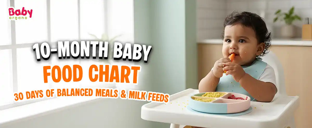 A 10-month-old baby eating soft finger foods from a 30-day nutritional food chart plan.
