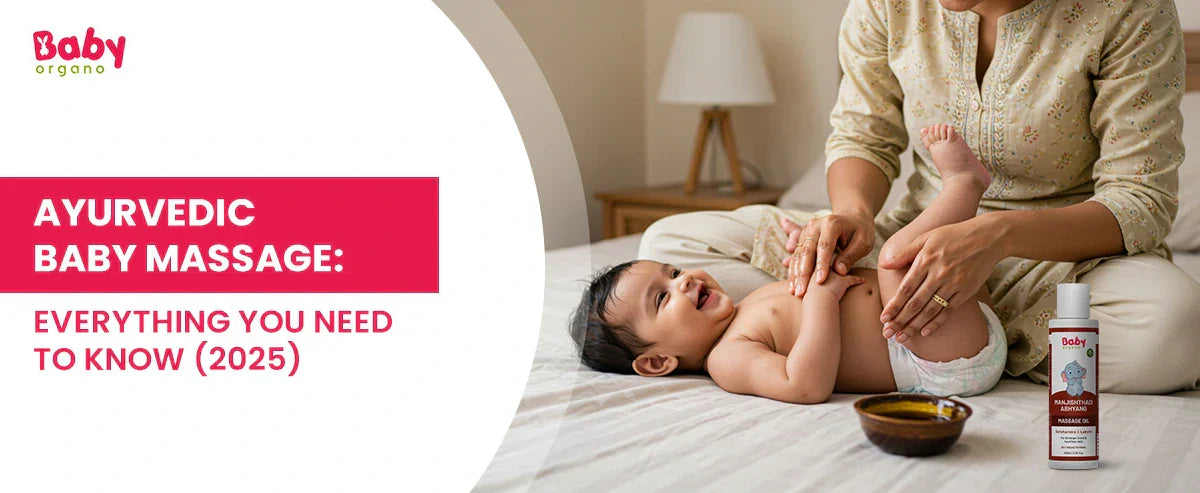 Mother giving Ayurvedic oil massage to a smiling baby in natural daylight