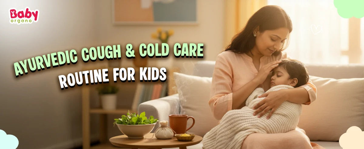 Mother gently comforting her child while following an Ayurvedic cough and cold care routine for kids at home