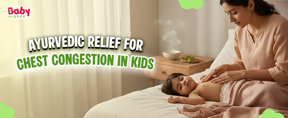 Mother giving Ayurvedic oil massage to child for chest congestion relief in winter