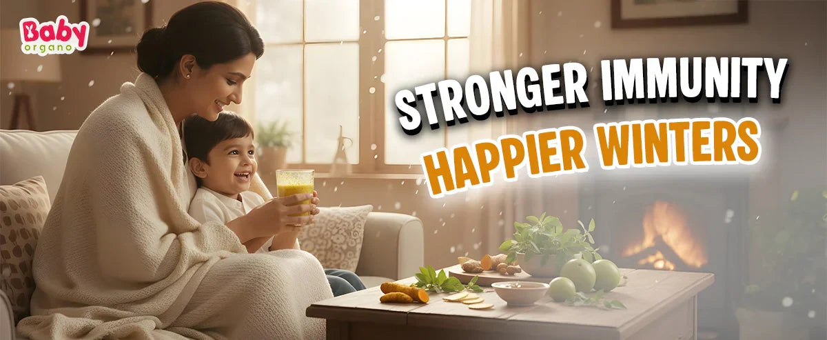 Mother giving warm turmeric milk to her child during winter, showing natural Ayurvedic care for stronger immunity