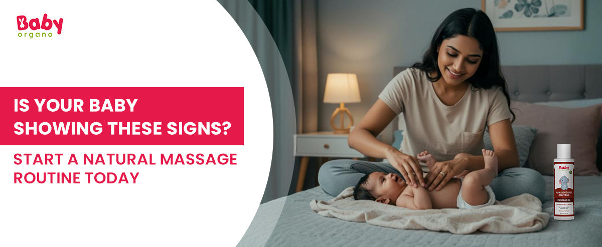 Mother massaging baby with Ayurvedic oil – natural massage routine for baby’s growth, sleep, and healthy skin.