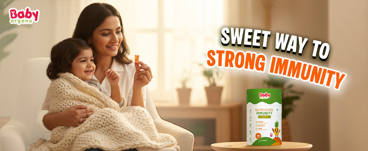 Mother giving her child BabyOrgano Nutriverse Immunity Gummies – Ayurvedic immunity booster for kids to support strong immunity naturally.