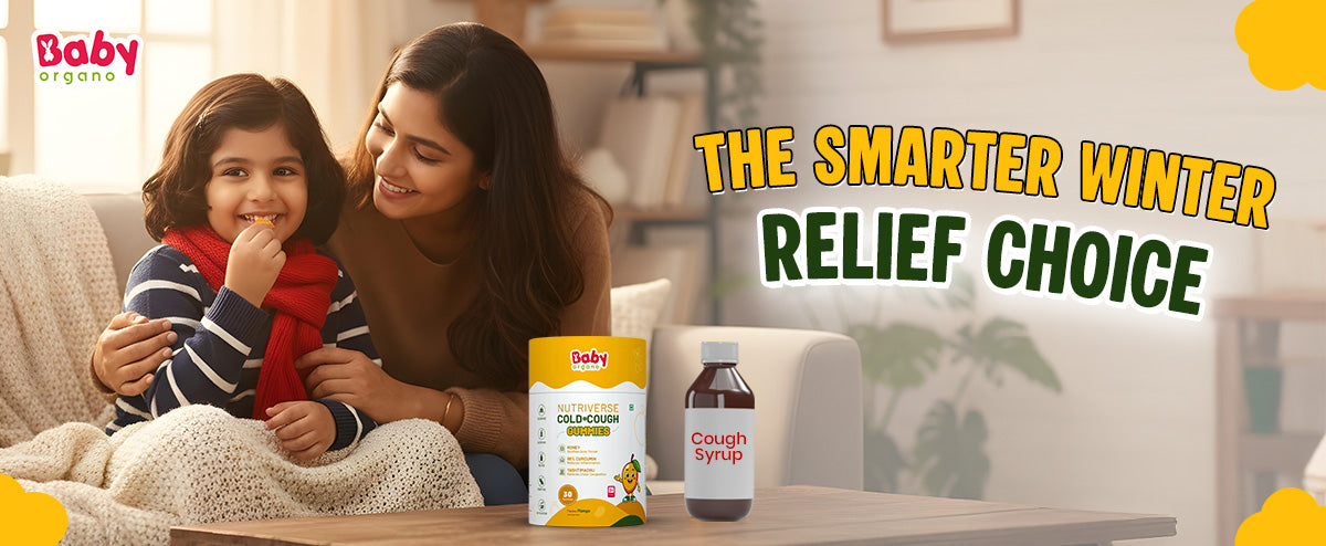 Mother giving a child BabyOrgano Nutriverse Cold & Cough Gummies while comparing gummies vs cough syrup during winter, showing the smarter winter relief choice.