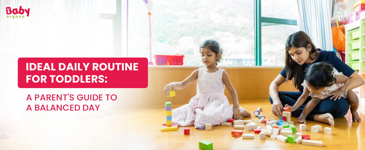 Happy toddler following daily routine with parents – brushing, playing, eating, and sleeping on time for better development