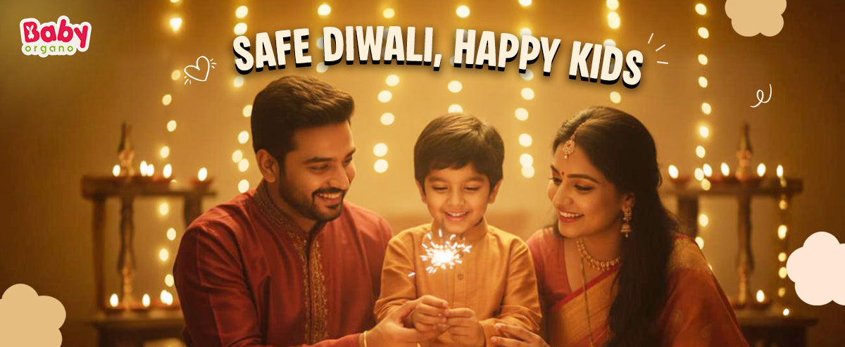 Parents helping children celebrate Diwali safely with diyas and smiles