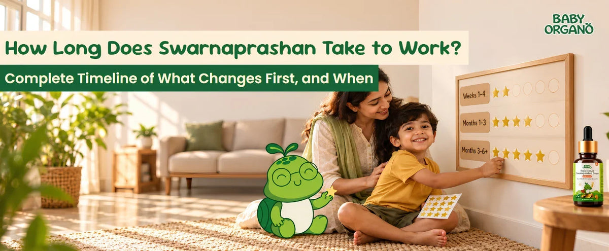Mother and child filling a star calendar with Oru, showing how long Swarnaprashan takes to work from weeks to months.