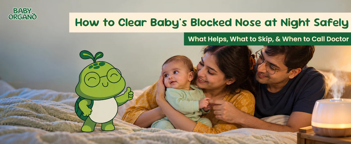 Parents gently soothing a baby with a blocked nose at night while the BabyOrgano mascot Oru gives a thumbs-up.