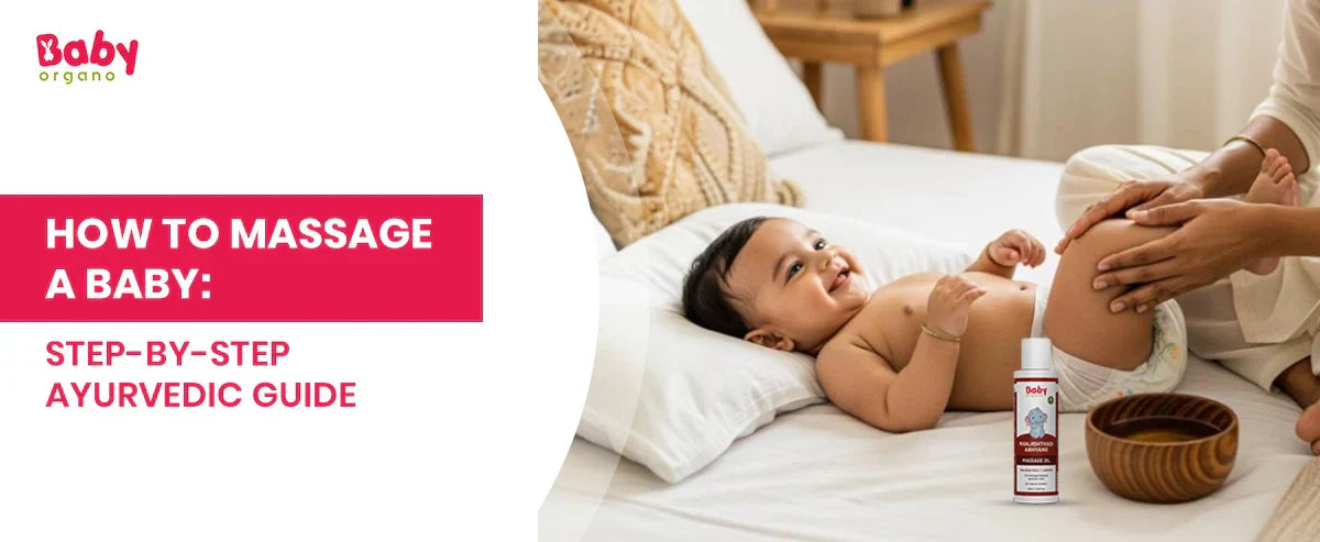 Mother massaging baby with Ayurvedic oil during bedtime ritual