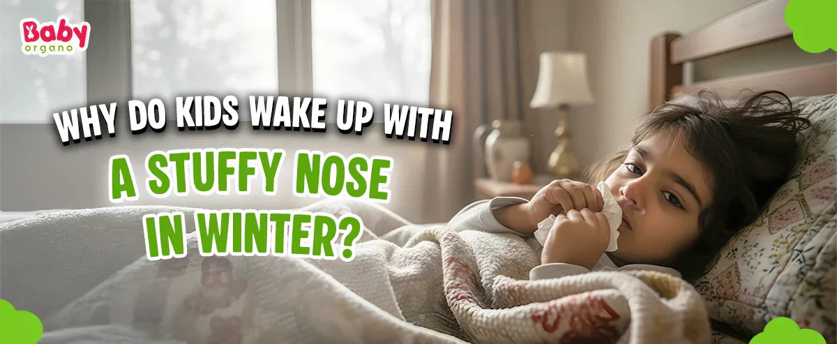 Child waking up with a stuffy nose in winter morning due to nasal congestion