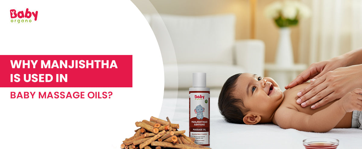 Smiling baby during massage with Manjishthadi Ayurvedic oil – BabyOrgano product
