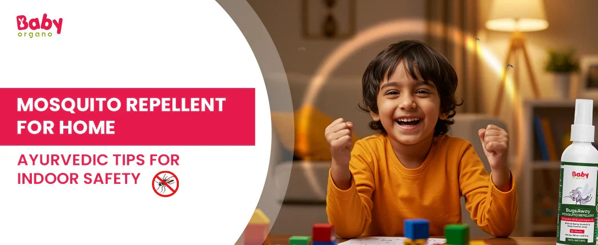 Happy child indoors protected with BabyOrgano BugsAway mosquito repellent – Ayurvedic solution for home safety