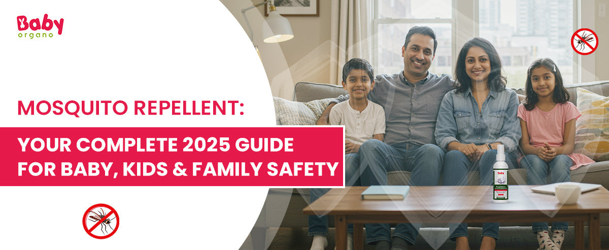 Family on couch with Baby Organo BugsAway mosquito repellent bottle - 2025 guide for baby, kids, and family safety.