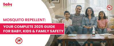 Family on couch with Baby Organo BugsAway mosquito repellent bottle - 2025 guide for baby, kids, and family safety.